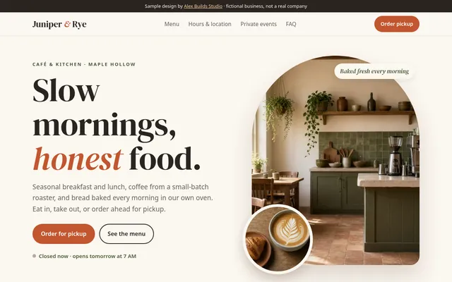 Juniper & Rye Café & Kitchen website, desktop view