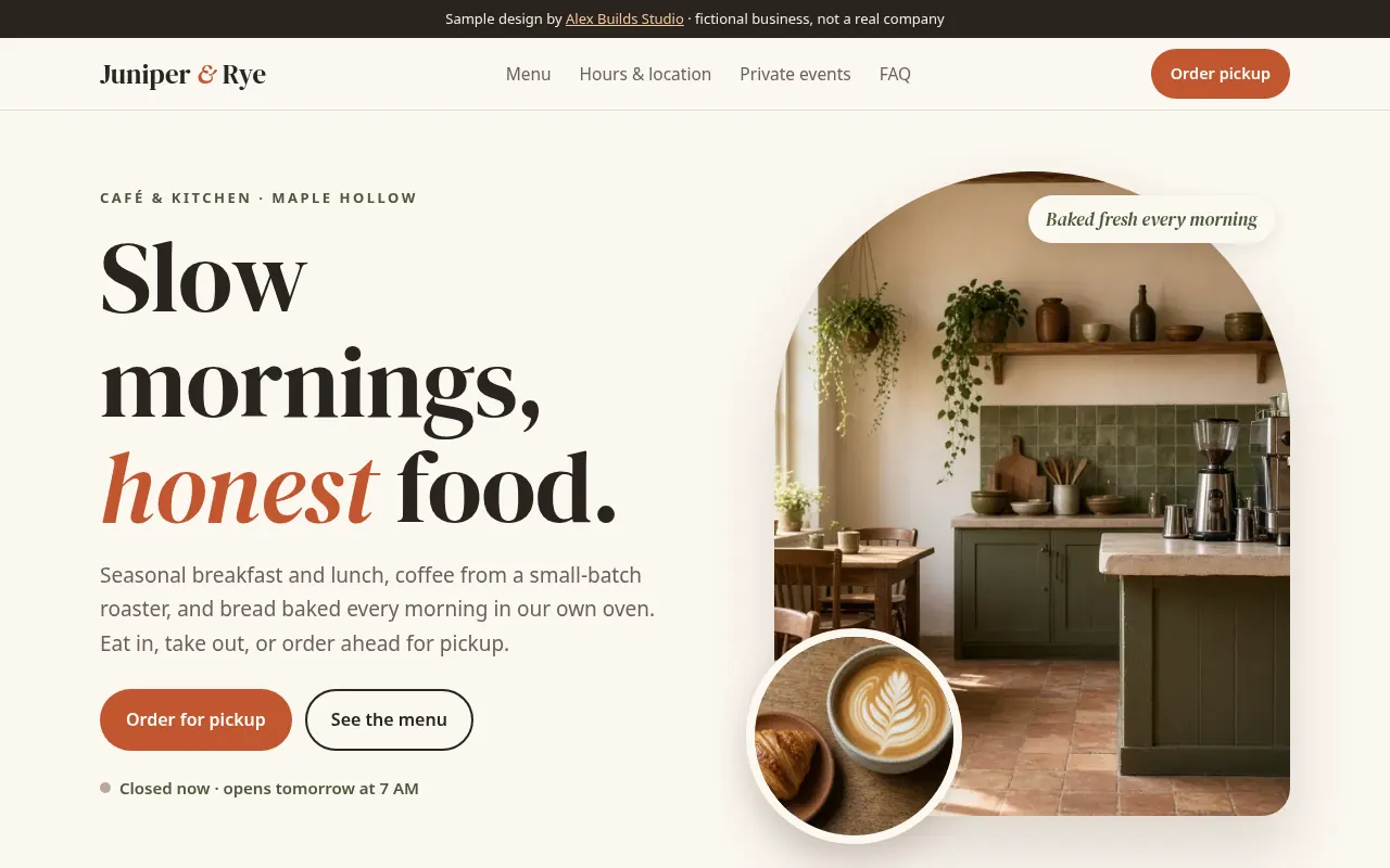 Juniper & Rye Café & Kitchen website, desktop view