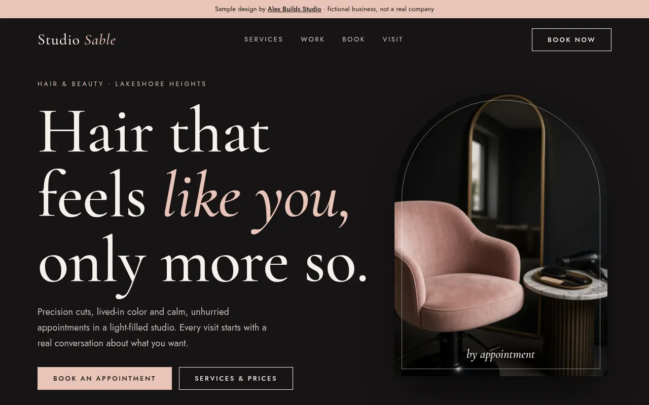 Studio Sable Hair & Beauty website, desktop view